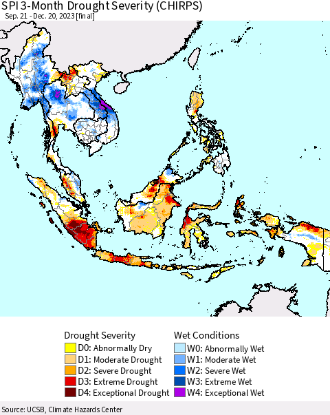 South East Asia SPI 3-Month Drought Severity (CHIRPS) Thematic Map For 9/21/2023 - 12/20/2023