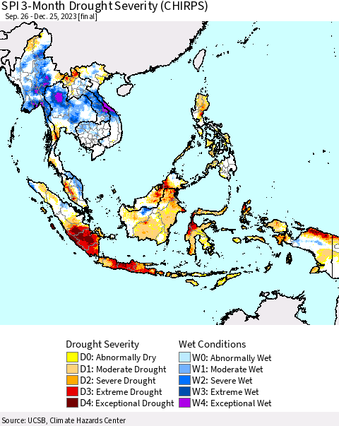 South East Asia SPI 3-Month Drought Severity (CHIRPS) Thematic Map For 9/26/2023 - 12/25/2023
