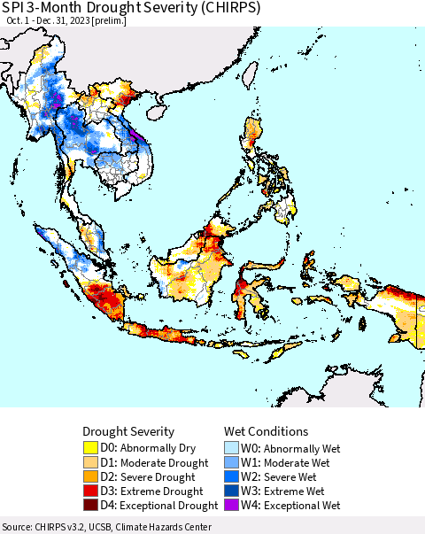 South East Asia SPI 3-Month Drought Severity (CHIRPS) Thematic Map For 10/1/2023 - 12/31/2023
