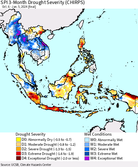 South East Asia SPI 3-Month Drought Severity (CHIRPS) Thematic Map For 10/6/2023 - 1/5/2024