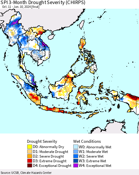 South East Asia SPI 3-Month Drought Severity (CHIRPS) Thematic Map For 10/11/2023 - 1/10/2024