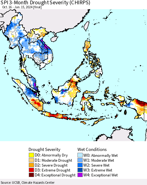 South East Asia SPI 3-Month Drought Severity (CHIRPS) Thematic Map For 10/16/2023 - 1/15/2024