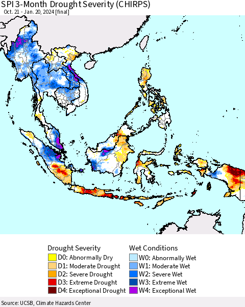 South East Asia SPI 3-Month Drought Severity (CHIRPS) Thematic Map For 10/21/2023 - 1/20/2024