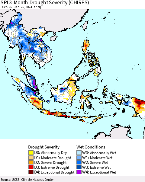South East Asia SPI 3-Month Drought Severity (CHIRPS) Thematic Map For 10/26/2023 - 1/25/2024