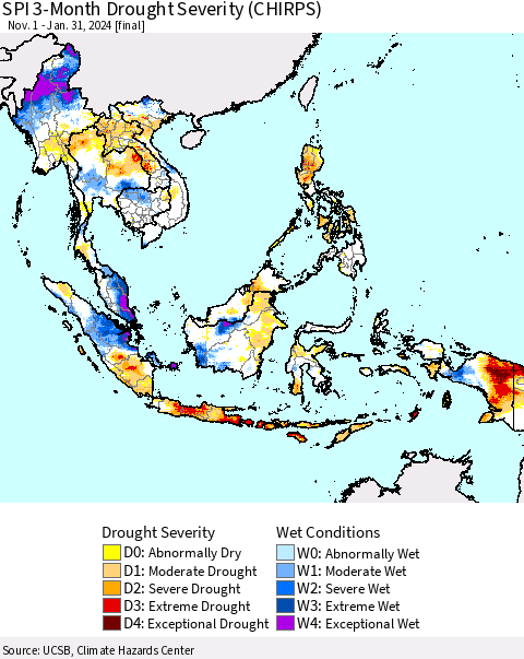 South East Asia SPI 3-Month Drought Severity (CHIRPS) Thematic Map For 11/1/2023 - 1/31/2024
