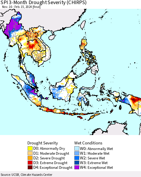 South East Asia SPI 3-Month Drought Severity (CHIRPS) Thematic Map For 11/16/2023 - 2/15/2024