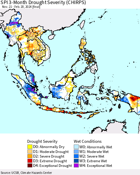 South East Asia SPI 3-Month Drought Severity (CHIRPS) Thematic Map For 11/21/2023 - 2/20/2024
