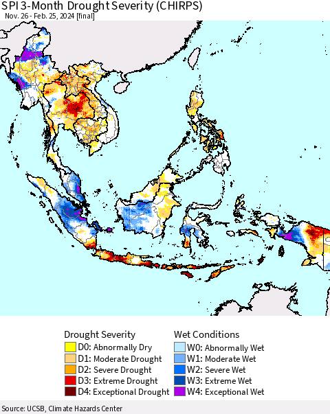 South East Asia SPI 3-Month Drought Severity (CHIRPS) Thematic Map For 11/26/2023 - 2/25/2024