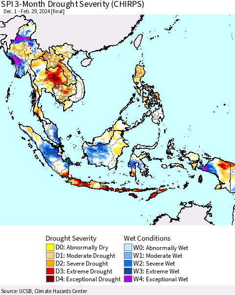 South East Asia SPI 3-Month Drought Severity (CHIRPS) Thematic Map For 12/1/2023 - 2/29/2024