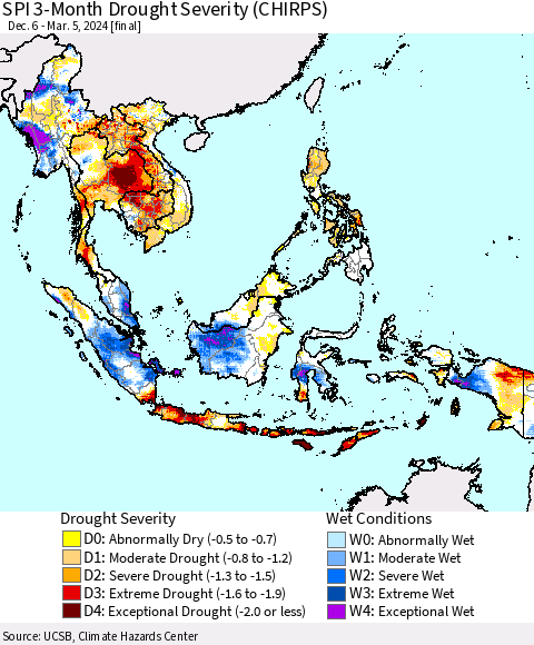 South East Asia SPI 3-Month Drought Severity (CHIRPS) Thematic Map For 12/6/2023 - 3/5/2024