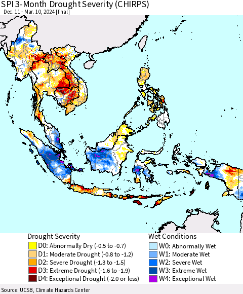 South East Asia SPI 3-Month Drought Severity (CHIRPS) Thematic Map For 12/11/2023 - 3/10/2024