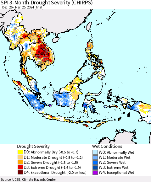 South East Asia SPI 3-Month Drought Severity (CHIRPS) Thematic Map For 12/26/2023 - 3/25/2024