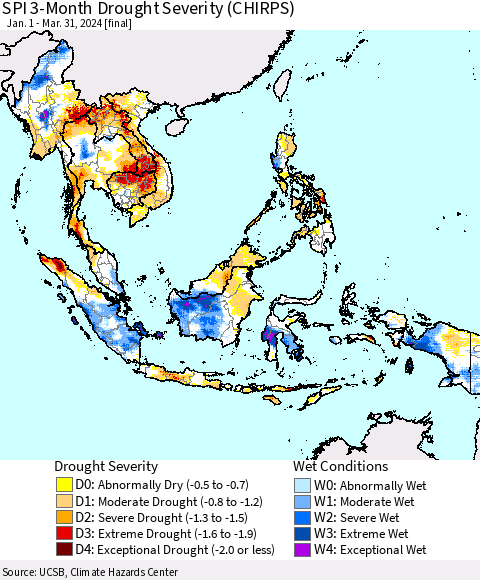 South East Asia SPI 3-Month Drought Severity (CHIRPS) Thematic Map For 1/1/2024 - 3/31/2024