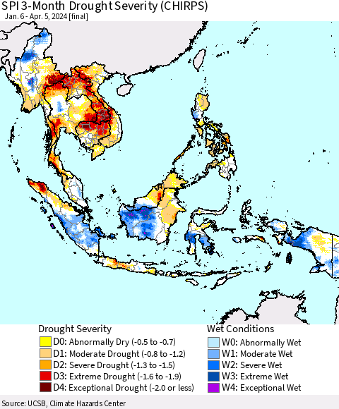 South East Asia SPI 3-Month Drought Severity (CHIRPS) Thematic Map For 1/6/2024 - 4/5/2024