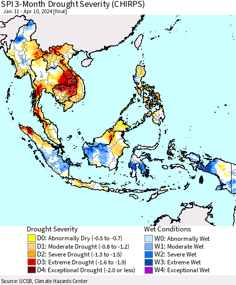 South East Asia SPI 3-Month Drought Severity (CHIRPS) Thematic Map For 1/11/2024 - 4/10/2024