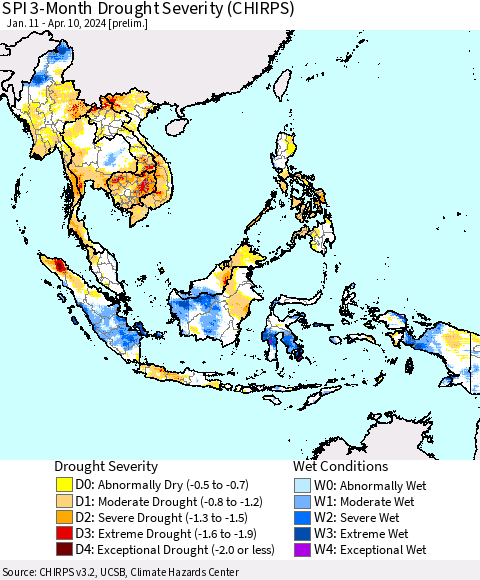 South East Asia SPI 3-Month Drought Severity (CHIRPS) Thematic Map For 1/11/2024 - 4/10/2024