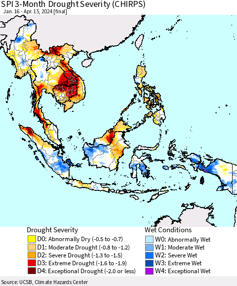 South East Asia SPI 3-Month Drought Severity (CHIRPS) Thematic Map For 1/16/2024 - 4/15/2024