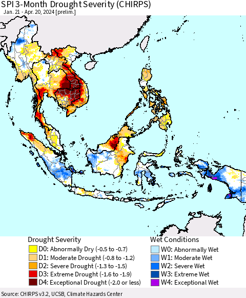 South East Asia SPI 3-Month Drought Severity (CHIRPS) Thematic Map For 1/21/2024 - 4/20/2024