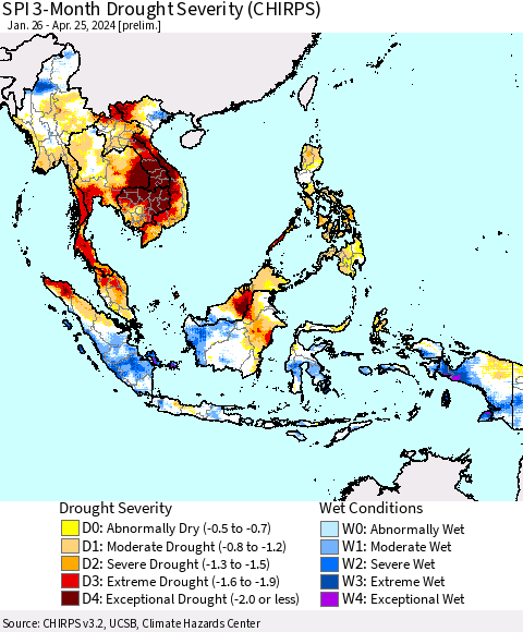 South East Asia SPI 3-Month Drought Severity (CHIRPS) Thematic Map For 1/26/2024 - 4/25/2024