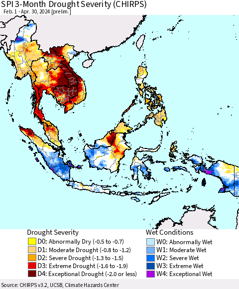 South East Asia SPI 3-Month Drought Severity (CHIRPS) Thematic Map For 2/1/2024 - 4/30/2024