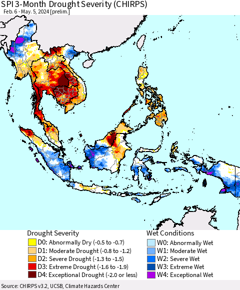 South East Asia SPI 3-Month Drought Severity (CHIRPS) Thematic Map For 2/6/2024 - 5/5/2024