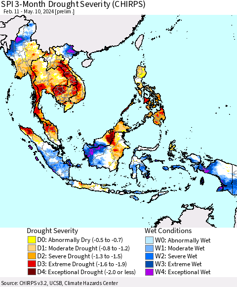 South East Asia SPI 3-Month Drought Severity (CHIRPS) Thematic Map For 2/11/2024 - 5/10/2024
