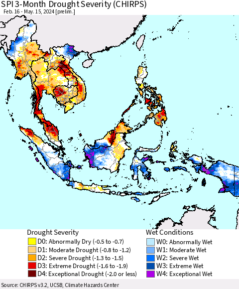 South East Asia SPI 3-Month Drought Severity (CHIRPS) Thematic Map For 2/16/2024 - 5/15/2024