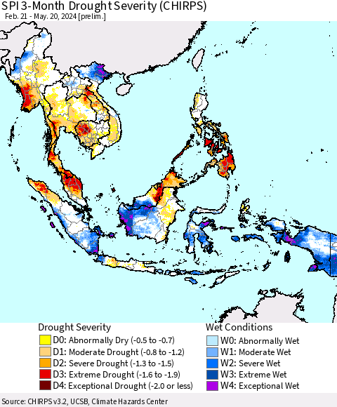 South East Asia SPI 3-Month Drought Severity (CHIRPS) Thematic Map For 2/21/2024 - 5/20/2024