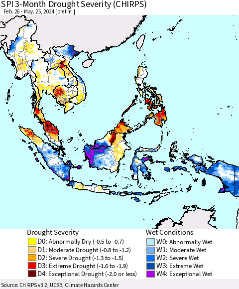 South East Asia SPI 3-Month Drought Severity (CHIRPS) Thematic Map For 2/26/2024 - 5/25/2024