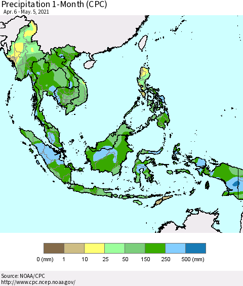 South East Asia Precipitation 1-Month (CPC) Thematic Map For 4/6/2021 - 5/5/2021