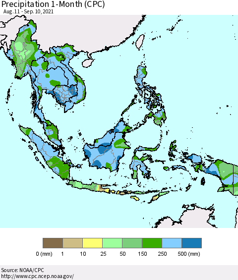 South East Asia Precipitation 1-Month (CPC) Thematic Map For 8/11/2021 - 9/10/2021