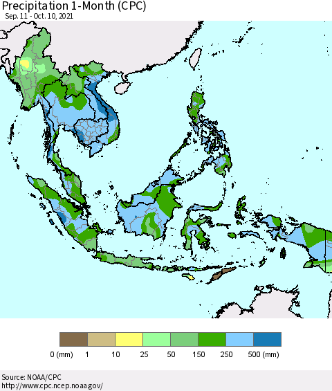 South East Asia Precipitation 1-Month (CPC) Thematic Map For 9/11/2021 - 10/10/2021