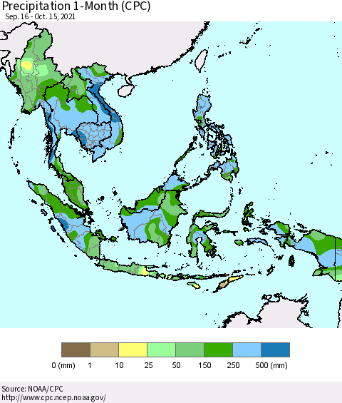 South East Asia Precipitation 1-Month (CPC) Thematic Map For 9/16/2021 - 10/15/2021