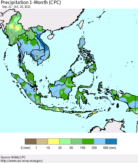 South East Asia Precipitation 1-Month (CPC) Thematic Map For 9/21/2021 - 10/20/2021