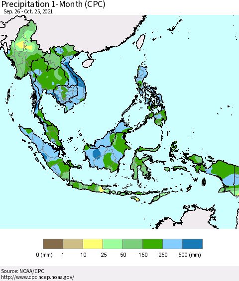 South East Asia Precipitation 1-Month (CPC) Thematic Map For 9/26/2021 - 10/25/2021