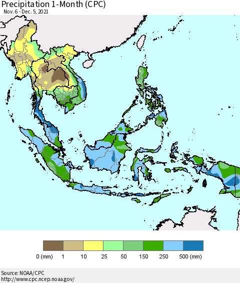 South East Asia Precipitation 1-Month (CPC) Thematic Map For 11/6/2021 - 12/5/2021