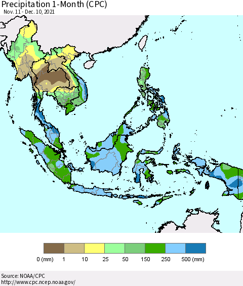 South East Asia Precipitation 1-Month (CPC) Thematic Map For 11/11/2021 - 12/10/2021