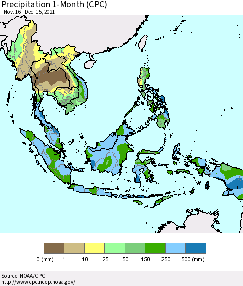 South East Asia Precipitation 1-Month (CPC) Thematic Map For 11/16/2021 - 12/15/2021