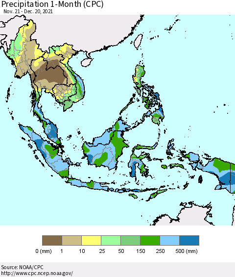 South East Asia Precipitation 1-Month (CPC) Thematic Map For 11/21/2021 - 12/20/2021