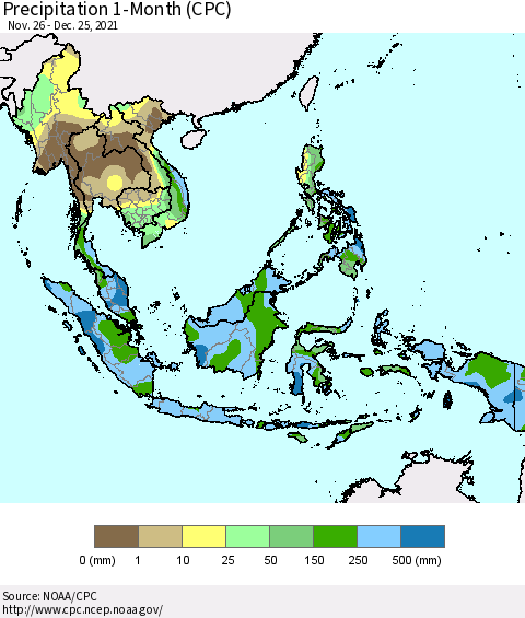 South East Asia Precipitation 1-Month (CPC) Thematic Map For 11/26/2021 - 12/25/2021