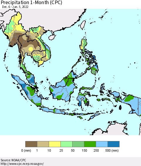 South East Asia Precipitation 1-Month (CPC) Thematic Map For 12/6/2021 - 1/5/2022