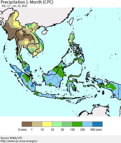 South East Asia Precipitation 1-Month (CPC) Thematic Map For 12/11/2021 - 1/10/2022