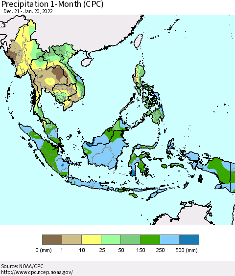 South East Asia Precipitation 1-Month (CPC) Thematic Map For 12/21/2021 - 1/20/2022