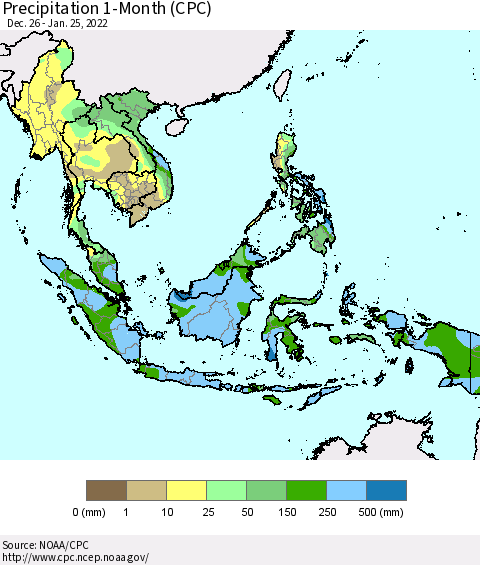 South East Asia Precipitation 1-Month (CPC) Thematic Map For 12/26/2021 - 1/25/2022