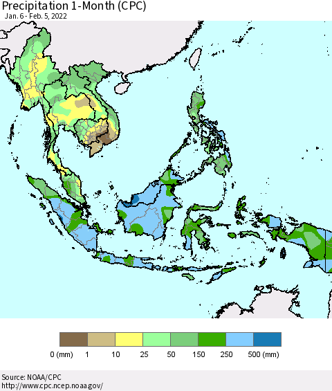 South East Asia Precipitation 1-Month (CPC) Thematic Map For 1/6/2022 - 2/5/2022
