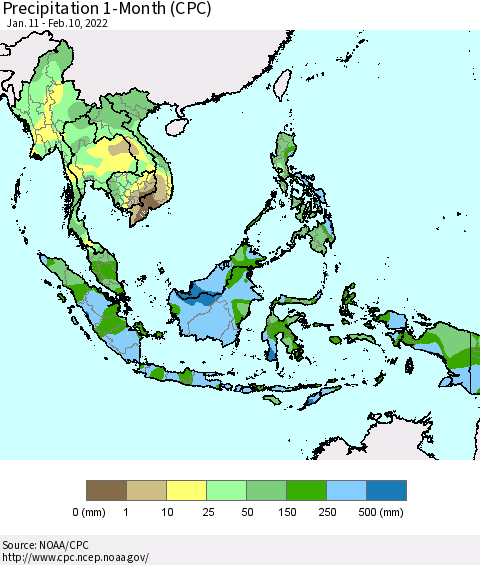 South East Asia Precipitation 1-Month (CPC) Thematic Map For 1/11/2022 - 2/10/2022