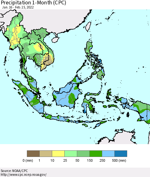 South East Asia Precipitation 1-Month (CPC) Thematic Map For 1/16/2022 - 2/15/2022