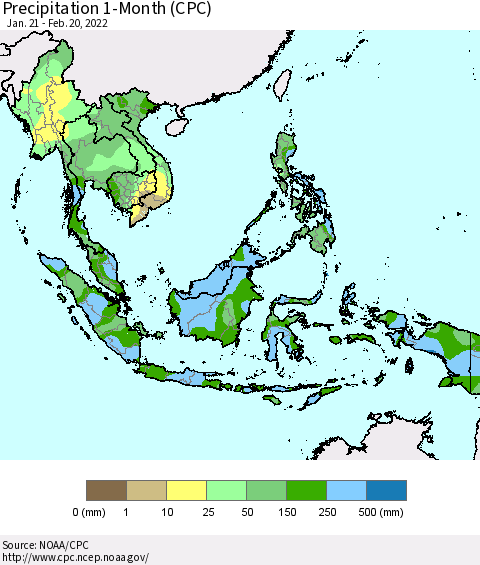 South East Asia Precipitation 1-Month (CPC) Thematic Map For 1/21/2022 - 2/20/2022