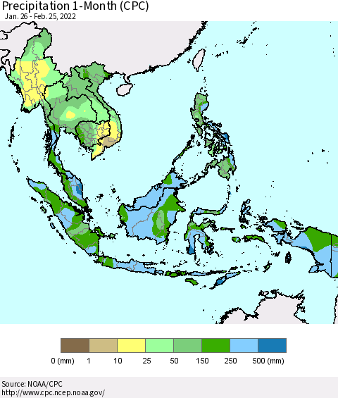 South East Asia Precipitation 1-Month (CPC) Thematic Map For 1/26/2022 - 2/25/2022