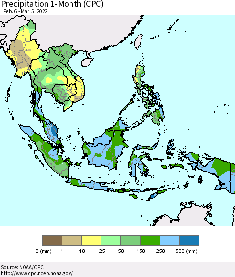 South East Asia Precipitation 1-Month (CPC) Thematic Map For 2/6/2022 - 3/5/2022